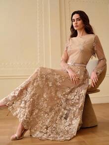 ZEYLAH Elegant Party Mesh Embroidered Long Sleeve Dress, Spring/Summer - Champagne - View 6