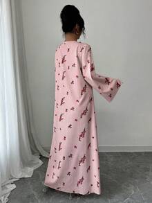 Modelyn 女士编织花卉印花荷叶边宽松长袖阿拉伯连衣裙 - 粉色 - 查看 2