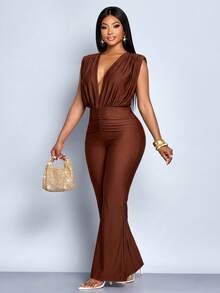 SOLERSUN Women's Plus Size Elegant New Fashion Solid Color Ruched Deep V-Neck Sleeveless Jumpsuit, Suitable For Vacation And Office Commute - Coffee Brown - View 7