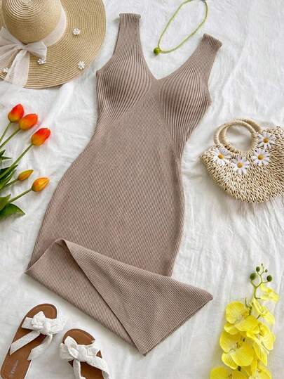 Vestido largo elegante y casual para mujer, diseño sin mangas, semiajustado, con abertura en la parte baja de la pierna, cuello en "V" y espalda descubierta, tela tipo canalé de poliéster y elastano, apto para temporadas de verano y primavera. Muy cómodo, ligero y agradable con tu piel, ideal para tus ocasiones especiales.