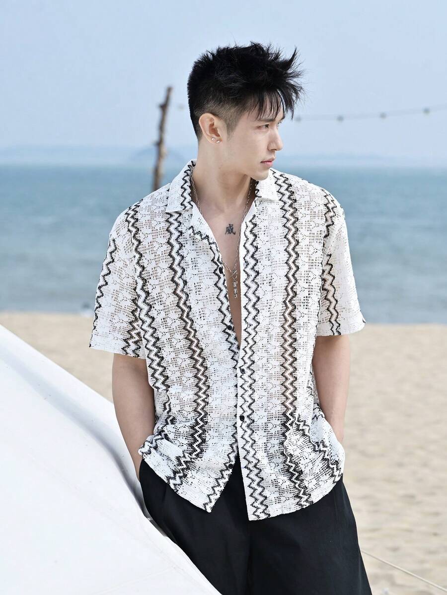 DAZY 男士条纹纹理短袖衬衫，夏季 - 彩色 - 查看 1