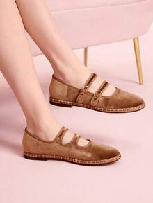 CUCCOO DOLLMOD Sepatu Wanita Klasik Cokelat dan Kuning Garis Ganda Beludru Model Datar - Coklat - View 4