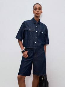 ATUI Studio Women's Solid Color Minimalist Daily Wear Short Sleeve Top And Shorts Denim Set - Navy Blue - View 4