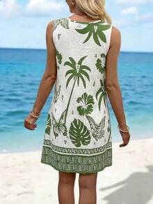 Sylviya Women's Casual Coconut Tree & Butterfly Print Mini Dress, Suitable For Vacation & Daily Wear Summer For Women Summer Dresses, Beach For Women Beach Dresses For Women Vacation Women Vacation Dresses, Beach Vacation For Women Casual Dresses For Women Floral Dresses For Women, Green Dresses For Women Summer Beach Tropical Dress Hawaii Dress Women Summer Casual Dress Palm Tree Dress - Multicolor - View 3