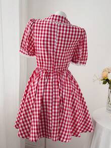 Sweetra 大码女士优雅格子蕾丝拼接迷你连衣裙 - 紅色 - 查看 2