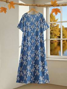EMERY ROSE Plus Ditsy Floral Long Summer Dress With Sleeves Half Button Maxi Dress - Blue - View 7