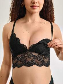 黑色蕾丝拼接孕妇哺乳文胸 - 黑色 - 查看 2