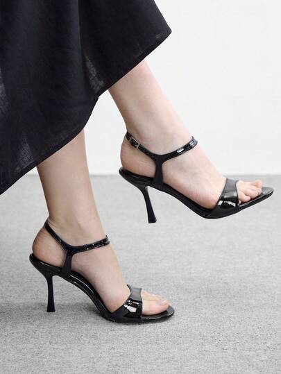 CUCCOO BIZCHIC 女士鞋履 春夏新款黑色圆头细高跟踝带凉鞋 时尚舒适 百搭通勤凉鞋 女鞋