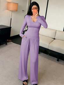 DAZY 2pcs/Set Women Solid Color Comfortable Knit Long Sleeve Top And Loose Straight Leg Long Pants Pajama Set, Spring - Mauve Purple - View 4