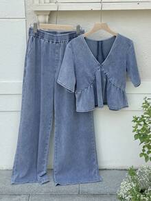 DAZY Women's Fashion Casual V-Neck Short Sleeve Denim Set - Blue - View 3