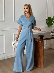 DAZY Women's V-Neck Short Sleeve Waist Cinched Casual Denim Jumpsuit - Light Wash - View 6