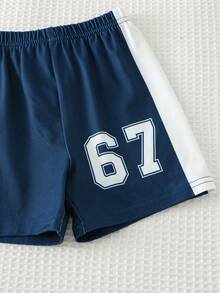 Cozy Pixies Kids Baby Boy Summer V-Neck Short Sleeve Shorts Sports Suit, Letter Print Soft Knit Crew Neck Tee And Elastic Waist Shorts 2-Piece Set, Suitable For Match, Sports, Competition, Basketball, Football, Table Tennis, Baseball, Badminton, Ball Games, Running, Casual Sports, Outdoor Play, Multi-Occasion, Suitable For Summer - Multicolor - View 6