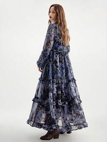 Aveloria Modichic Bohemian Style Chiffon Flowy Dress, Frill Trim, Loose Fit Deep V-Neck Long Sleeve - Multicolor - View 2