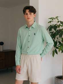 两件套青少年男士绅士套装，绿色领长袖衬衫+米色短裤，绅士西装，商务优雅校园风，生日派对日常休闲外套，简约大方 - 彩色 - 查看 3