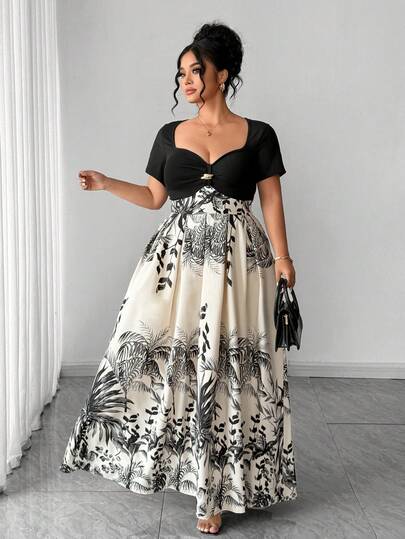 Elenzga Plus Size Women French Style Casual Elegant Patchwork Short Sleeve Dress