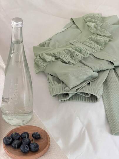 Dazy Kids 少女纯色蕾丝边方领休闲前扣家居服