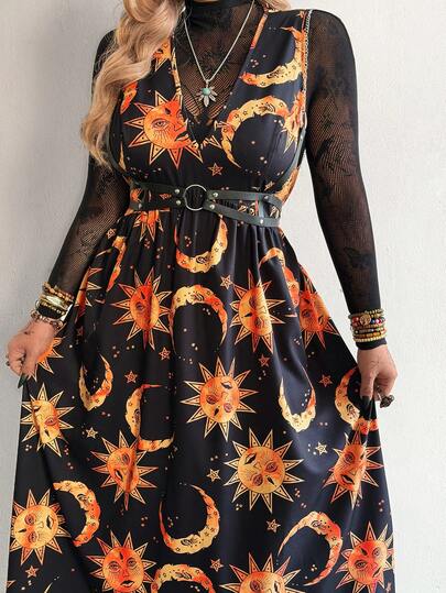 Whyspr Black Minimalist Cute Digital Print Dress