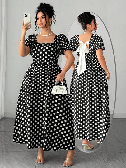 Elenzga Rochie elegantă vintage cu buline, cu guler fluture și mânecă scurtă, mărime mare, primăvară/vară