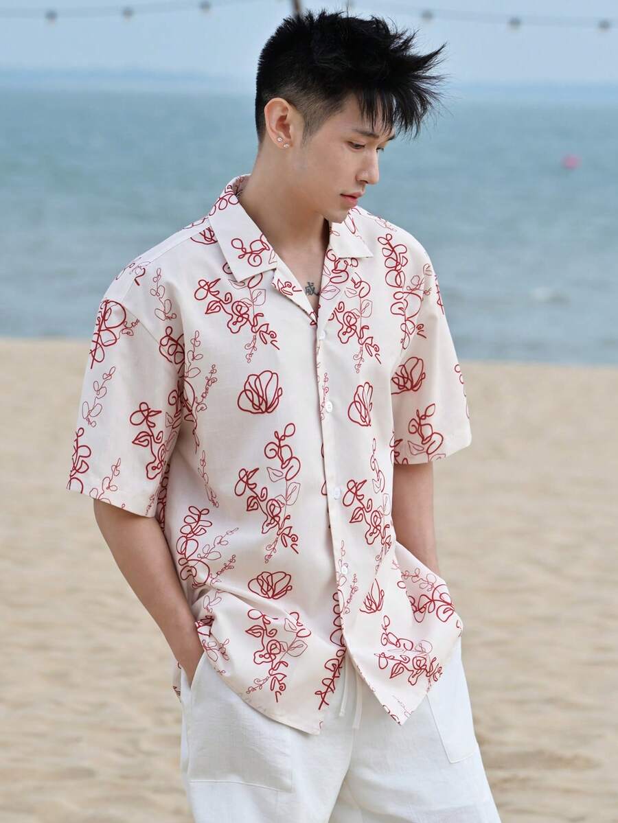 DAZY Camisa casual de manga corta con estampado floral para vacaciones de verano para hombres - Multicolor - Ver 1