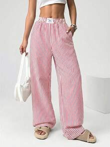 SHEIN EZwear 女士休闲条纹阔腿裤 夏季女士裤装 条纹裤 阔腿夏季裤 女士阔腿裤 女士夏季裤装 夏季女士裤装 - 紅白色 - 查看 4