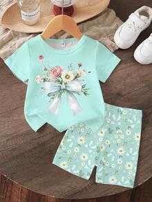 SHEIN Bộ 2 món cho bé gái, áo thun ngắn tay in hoa và bướm, cùng quần short in họa tiết tối giản, thích hợp cho các hoạt động mùa hè. - Nhiều màu - Xem 4