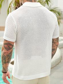 Manfinity RSRT Men's Summer Casual Vacation Coconut Tree Pattern Front Button Hollow Knit Top - White - View 2