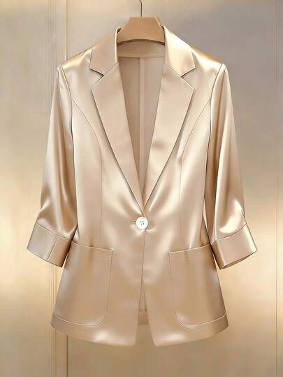 Franclia Women's Standard Size Apricot Casual Blazer Jacket, Single-Breasted With Pockets, Minimalist Luxurious Style, Suitable For Spring/Autumn, Exuding Presence For Workplace And Dates, Elevated Daily Wear, An Essential Item For Urban Sophisticated Professional Look