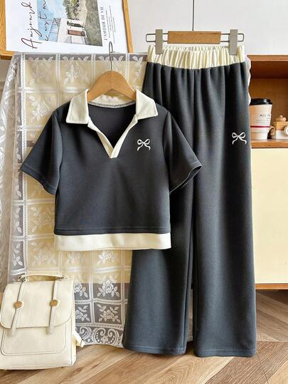 SHEIN Genkimix Kids 2件套少女领结印花衬衫领装饰休闲上衣+直筒休闲裤套装