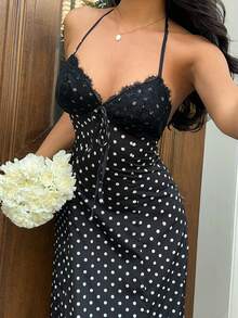 Sunnyshic Black Polka Dot Print Lace Patchwork V-Neck Halter Backless Waist Tie Maxi Dress, Women's Spring/Summer , Elegant Vacation/Date/Wedding Guest, Minimalist Daily Wear - Black - View 3