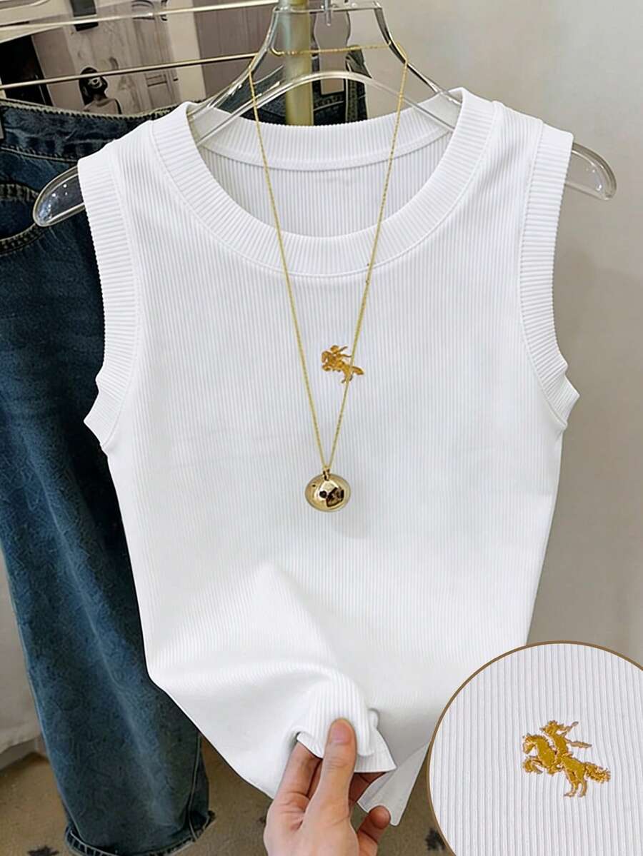 Franclia Women's Sleeveless Embroidered White Top, Casual Vacation Office Wear, Ladies T-Shirt, Ladies Tank Top - White - View 1