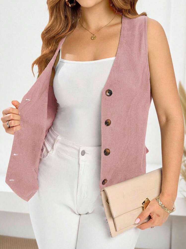 Plus Size Women V-Neck Single-Breasted Casual Versatile Commuting Vest Jacket\Summer\Vacation