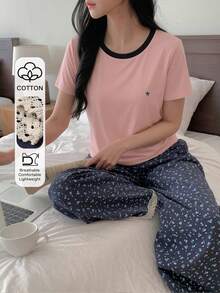 DAZY 2件套女士撞色领修身短袖T恤和宽松碎花长裤睡衣套装，夏季 - 淺粉色 - 查看 3