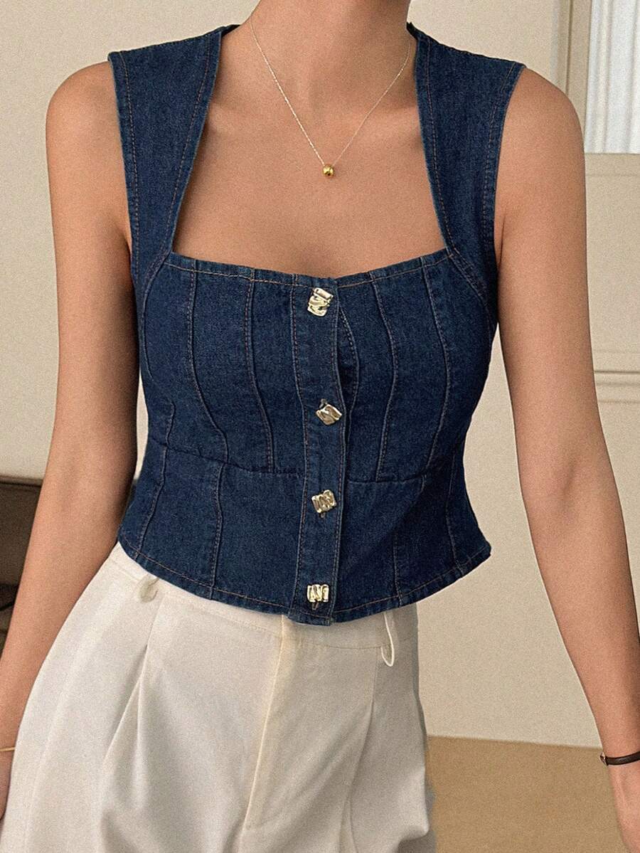 DAZY 女士无袖短款牛仔背心，休闲度假风 - 深色水洗藍 - 查看 1