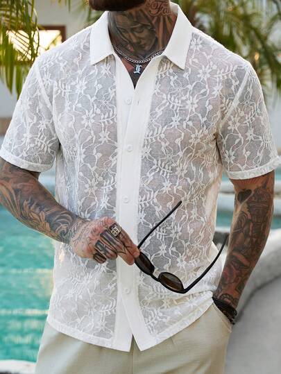 VENTUSAIL Men's White Knitted Lace Textured Jacquard Casual Holiday Short Sleeve Shirt