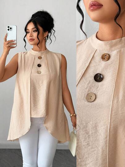 Elenzga Plus Size Women's Casual Vacation Vintage Woven Plain Sleeveless Round Neck Wood Button Decor Front Short Back Long Shirt, Spring/Summer