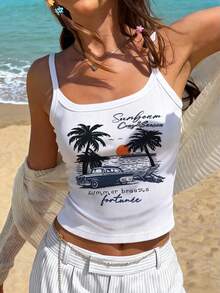 Sundraya Women's Tropical Print Camisole Top, Casual Holiday Wear - White - View 3