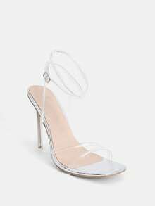 Glitzique Giày cao gót thời trang nữ, Sandal đế bằng Jelly Strap, Sandal quai ngang Bare Wrap, Sandal mũi vuông tối giản, Giày cao gót pha lê trong suốt, Sandal bạc thường và ngoài trời mùa hè dành cho nữ - Trong sáng - Xem 4