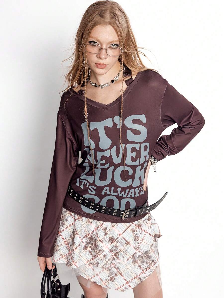 Bloopia 女士针织落肩长袖朋克风吊带系带字母印花上衣 - 酒紅色 - 查看 1