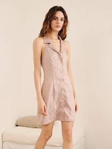 lacRébo Pink Vintage Mini Dress With Lapel Collar And Open Back Spring Summer Vacation French Style Parisian Style Office Outfits Vintage Dress - Pink - View 3