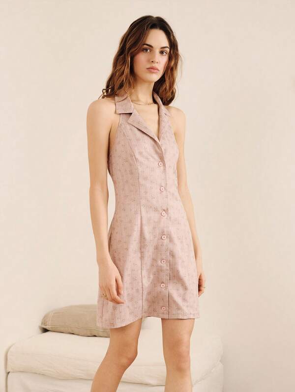 lacRébo Pink Vintage Mini Dress With Lapel Collar And Open Back Spring Summer Vacation French Style Parisian Style Office Outfits Vintage Dress