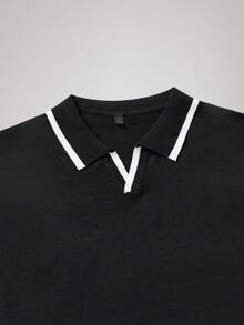 Officeau Polo décontracté à col contrasté pour hommes, pull tricoté à manches courtes - Noir - Voir 3