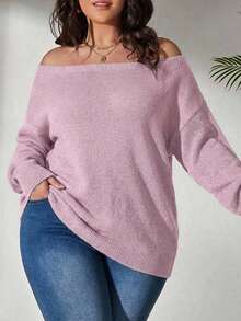 SHEIN Cottnline كنزة صوفية بكتف مكشوف بلون وردي فاتح، ملابس منزلية رسمية وكاجوال بديلة للخريف، مقاس كبير - وردي فاتح - مشاهدة 4