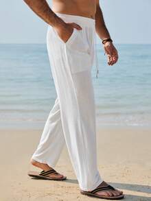Genlund Men's Casual Drawstring Waist Solid Color Pants, Versatile For Vacation, Daily Commute Men Vacation Pants Men All White Beach Pants Boho Pants Men - Black - View 3