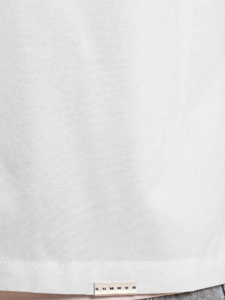 Boxy Fit Oversized White Button Down Shirt With Out Of Stock Text Print For Men