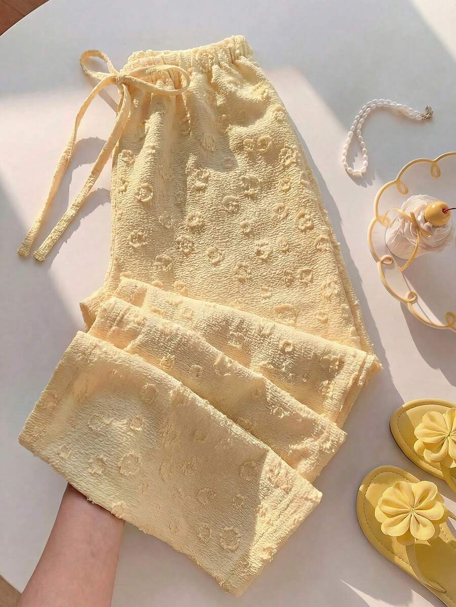 Elamini 1pc Women's Sweet Romantic Waist Tie Elastic Waist Jacquard Design Low Waist Casual Straight Leg Pants, Suitable For Home, Daily, Office, Dating, Travel, All Seasons, Sunshine Yellow - Yellow - View 1