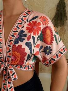 Travachic Áo sơ mi crop top buộc dây phía trước in họa tiết thời trang mùa hè dành cho nữ cỡ lớn - Nhiều màu - Xem 4
