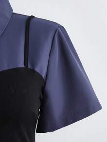 Sweetra 大码女式二合一褶皱休闲百搭日常短袖衬衫 - 藏蓝色 - 查看 5