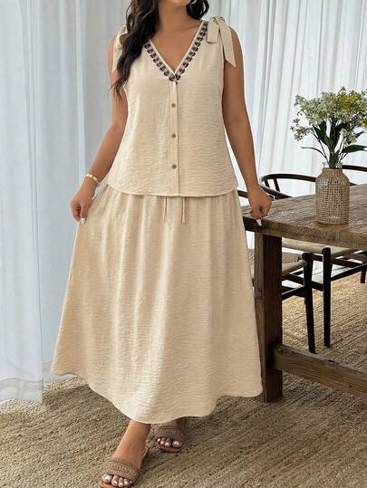 Ceyna 大码女式法式休闲优雅V领单排扣上衣和抽绳腰半裙两件套，适合日常穿着