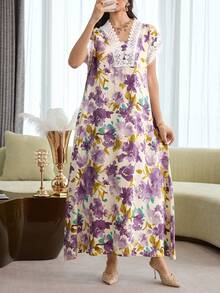 SHEIN Najma 女士V领优雅印花蕾丝拼接短袖摆裙 - 紫色 - 查看 5