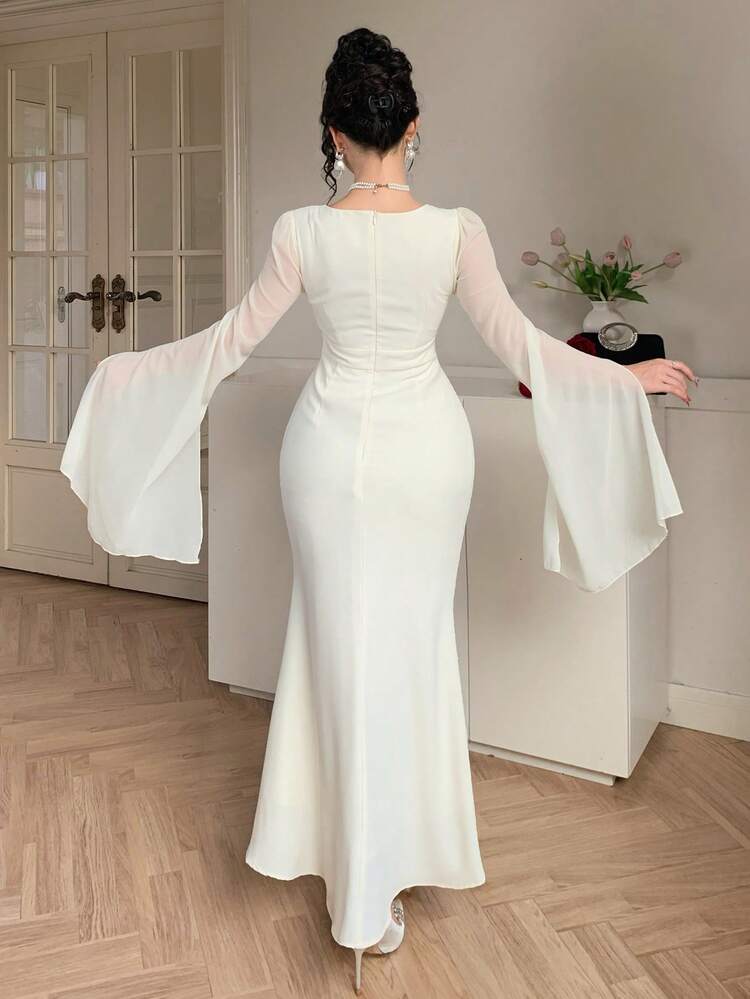 Women's Solid Color Round Neck Mesh Patchwork Elegant Long Sleeve Dress Maxi Dress Sundress